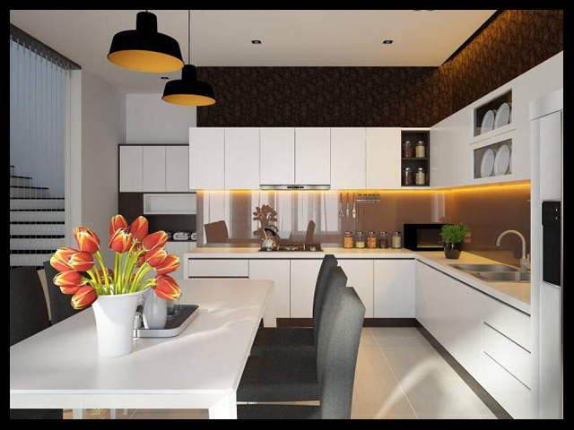 Phòng ăn nhà bếp của mẫu nhà phố đẹp 3 tầng 4x18m được bố trí đối diện với phòng khách, thuận tiện cho việc đi lại và tiện nghi (hình minh họa-nguồn internet)