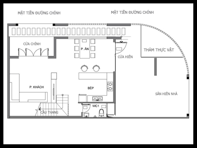 Bản vẽ bố trí không gian nội thất tầng 1 của biệt thự mini 2 tầng 4.5x11m phong cách Châu Âu