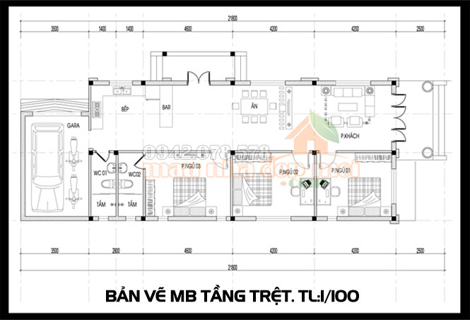 bản vẽ mẫu nhà cấp 4 mái thái hiện đại 7x16m có 3 phòng ngủ