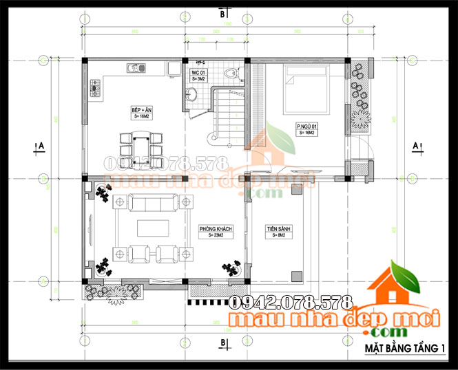 bản vẽ thiết kế mẫu thiết kế biệt thự mini 2 tầng đẹp 9.5x11.5m tầng 1
