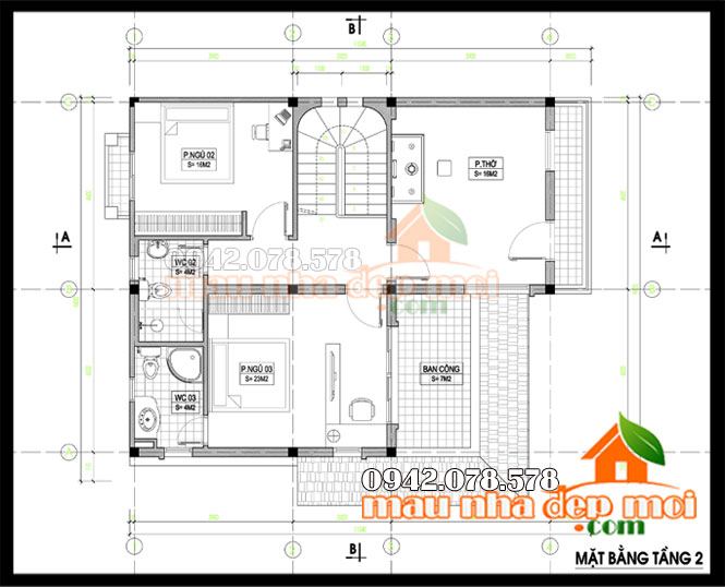 bản vẽ thiết kế mẫu thiết kế biệt thự mini 2 tầng đẹp 9.5x11.5m tầng 2