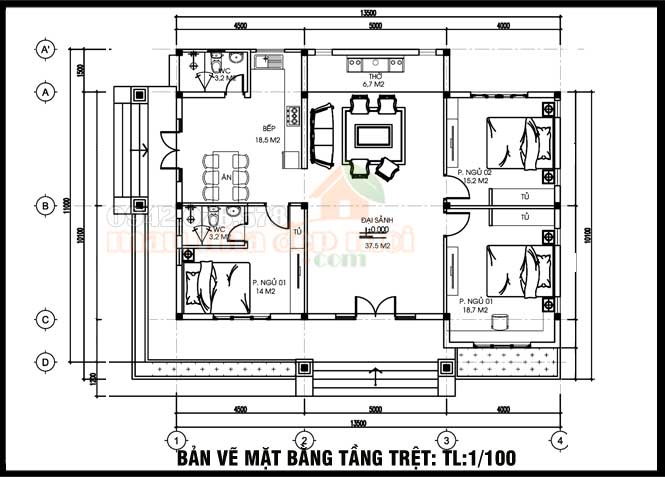 bản vẽ mẫu thiết kế nhà vườn cấp 4 đẹp có 2 mặt tiền 3 phòng ngủ