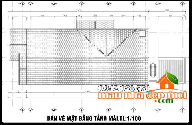 bản vẽ thiết kế mẫu nhà cấp 4 mái thái 135m2 có 3 phòng ngủ tầng mái