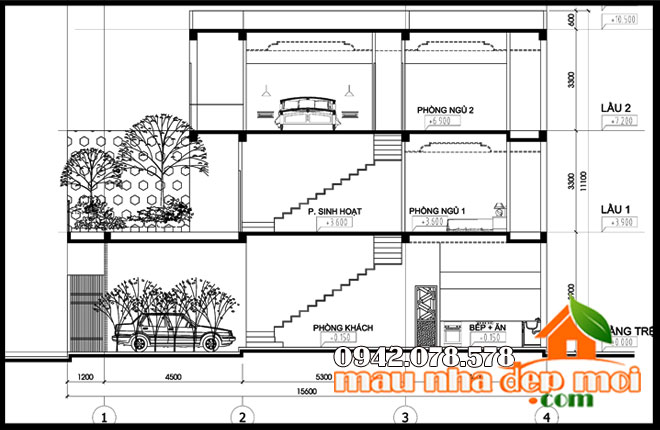 Bản vẽ thiết kế nhà đẹp 2 tầng 4x16m 3 phòng ngủ có không gian mặt ...
