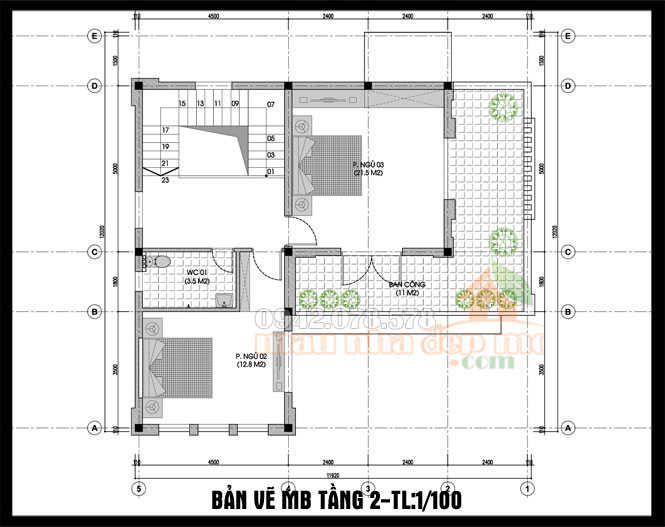 bản vẽ thiết kế mẫu nhà vườn 2 tầng đẹp chữ L 130m2 tầng 2