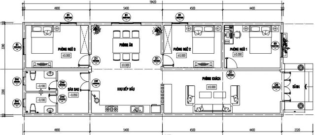 Bản vẽ chi tiết bố trí không gian nội thất của  nhà cấp 4 mái thái 8x20m hiện đại
