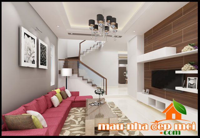mẫu thiết kế nội thất phòng khách nhà 2 tầng mái thái đẹp 8x16m