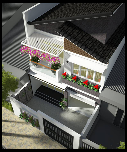 Mô hình phối cảnh 3D mẫu nhà đẹp 2 tầng mặt tiền 8m hiện đại nhìn từ trên cao xuống