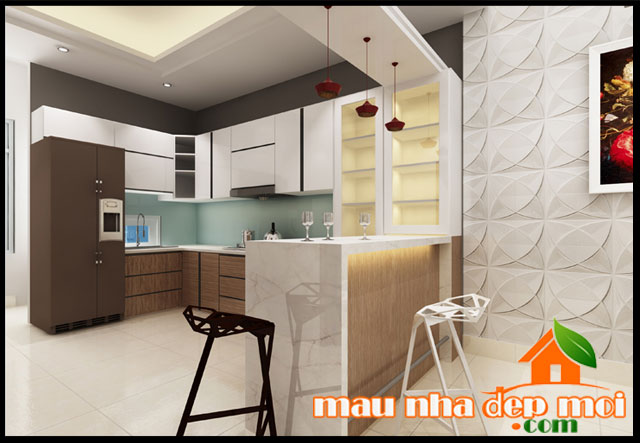 mẫu thiết kế nội thất phòng bếp nhà 2 tầng mái thái đẹp 8x16m