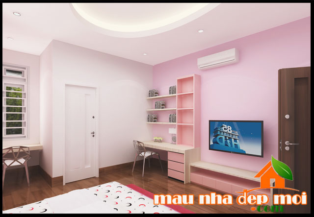 mẫu thiết kế nội thất phòng ngủ cho bé gái nhà 2 tầng mái thái đẹp 8x16m