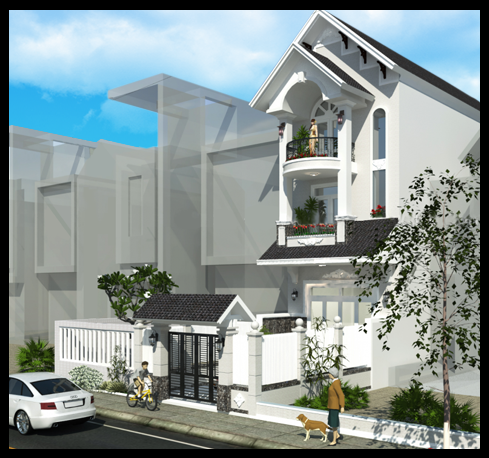 Mô hình 3D mặt tiền mẫu nhà phố đẹp 3 tầng 4x18m nhìn từ góc phố đối diện, bên phải
