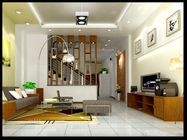Phòng khách của biệt thự mini 2 tầng 85m2 được thiết kế thoáng rộng và chan hòa với tự nhiên 