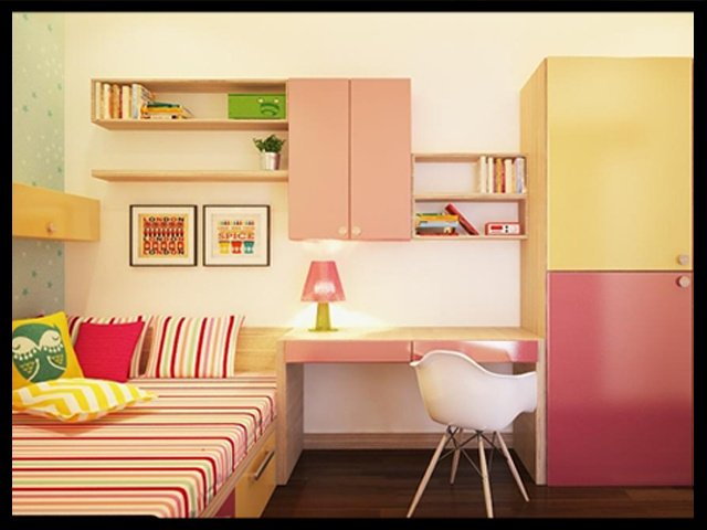 Phòng ngủ dành cho cô con gái út được phối trí màu sắc tươi tắn, mạnh mẽ (Hình mang tính hinh học-nguồn internet)