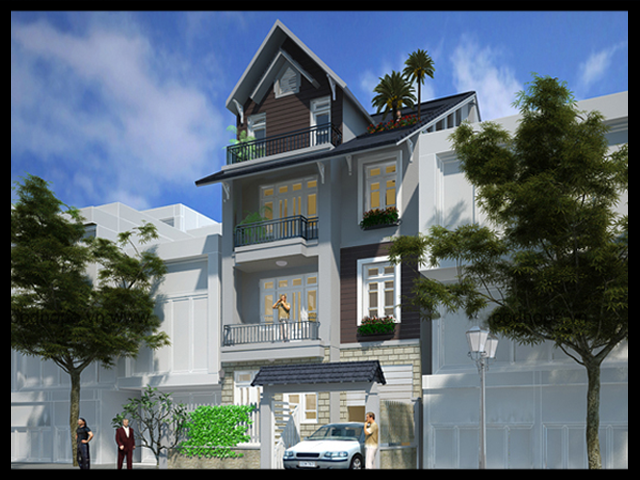 Phối cảnh 3D thiết kế biệt thự mini đẹp 3 tầng mái ngói cách điệu (góc nhìn đối diện bên phải)