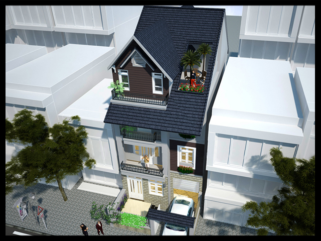 Phối cảnh 3D thiết kế biệt thự mini đẹp 3 tầng mái ngói cách điệu (góc nhìn trên cao xuống)