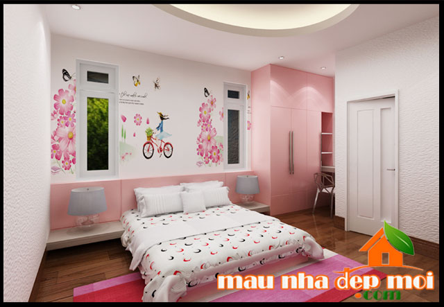 mẫu thiết kế nội thất phòng ngủ bé gái nhà 2 tầng mái thái đẹp 8x16m