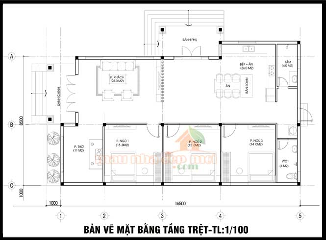 Bản vẽ mẫu nhà cấp 4 mái thái 8x16m 3 phòng ngủ 